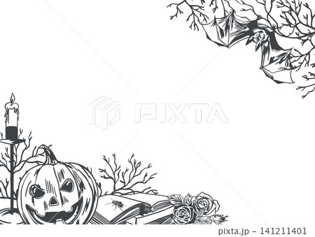 Halloween frame with a pumpkin, bat, branches, candle, and book. Hand drawn vector illustration in a graphic style. Black ink clip art for cards, invitations and holiday banners. Halloween frame with a pumpkin, bat, branches, candle, and book. Hand drawn vector illustration in a graphic style. Black ink clip art for cards, invitations and holiday banners. 141211401