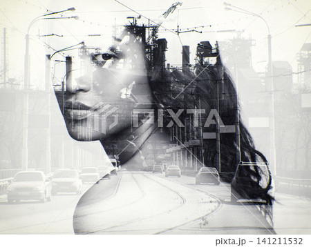 Portrait, woman and overlay of traffic in city with cars, road or double exposure of urban town. Female person, face or environmentalist with concern for carbon emission, air pollution or toxic fumes Portrait, woman and overlay of traffic in city with cars, road or double exposure of urban town. Female person, face or environmentalist with concern for carbon emission, air pollution or toxic fumes 141211532