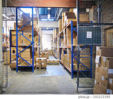 Stock, product and box in factory for ecommerce, delivery and logistics for retail and shipping. Supply chain, warehouse or industry with boxes and manufacturing for store, service and storage 141211595