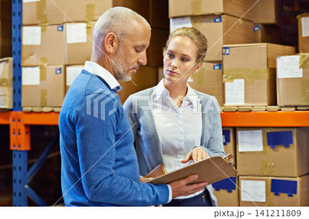 Logistics, team or clipboard in warehouse with inventory for quality control, service delivery or freight distribution. Senior manager, woman or wholesale supplier with stock checklist for inspection 141211809