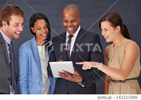 Business people, group and teamwork with tablet, planning or conversation with funny meme or app. Corporate, diversity or professional with manager or employees with tech, internet or update schedule Business people, group and teamwork with tablet, planning or conversation with funny meme or app. Corporate, diversity or professional with manager or employees with tech, internet or update schedule 141211906