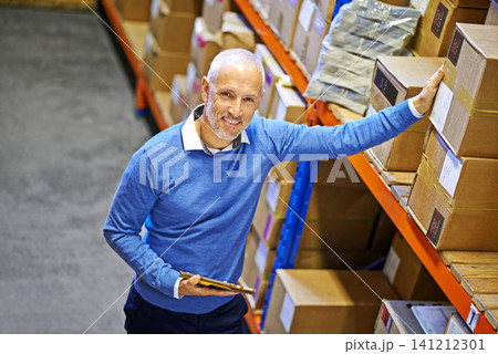 Tablet, box or portrait of man in warehouse for delivery order label, storage or stock in factory for website. Printing, happy mature manager or supplier inspection for package or wholesale shipping Tablet, box or portrait of man in warehouse for delivery order label, storage or stock in factory for website. Printing, happy mature manager or supplier inspection for package or wholesale shipping 141212301