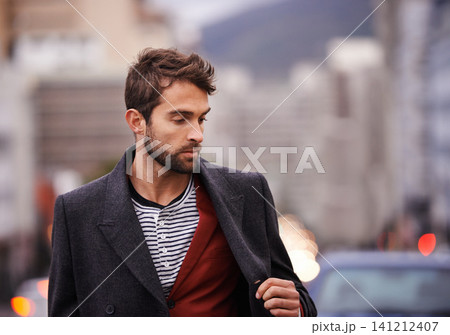 City, downtown and man with thinking outdoors for travel, vacation or tourism destination in New York. Male person, road and serious with adventure for winter holiday, planning or idea for adventure City, downtown and man with thinking outdoors for travel, vacation or tourism destination in New York. Male person, road and serious with adventure for winter holiday, planning or idea for adventure 141212407