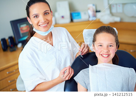 Dentist, chair and portrait of child for consulting, teeth whitening and wellness in clinic. Healthcare, dentistry and woman and girl with tools for dental hygiene, oral care and medical services Dentist, chair and portrait of child for consulting, teeth whitening and wellness in clinic. Healthcare, dentistry and woman and girl with tools for dental hygiene, oral care and medical services 141212515