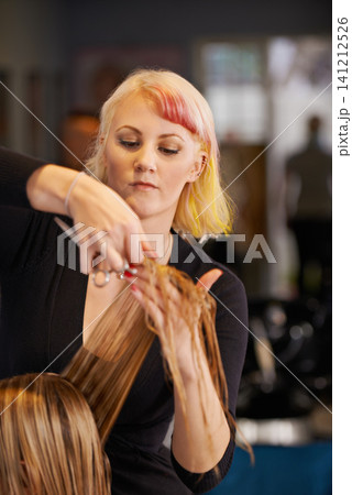Woman, hairstylist and haircut in salon, trim and hair treatment or scissor for grooming. Female person, entrepreneur and makeover transformation at hairdressing business, cosmetics and growth Woman, hairstylist and haircut in salon, trim and hair treatment or scissor for grooming. Female person, entrepreneur and makeover transformation at hairdressing business, cosmetics and growth 141212526
