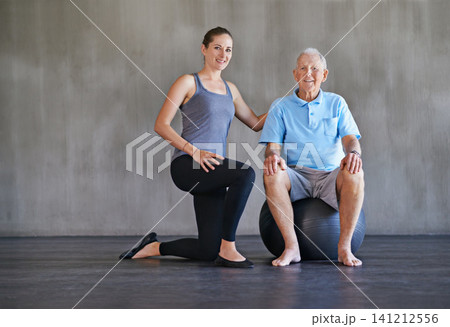 Elderly man, physical therapist and portrait for fitness in mockup space, retirement and training in studio. Mature person, trainer and wellness with health for workout, support and exercise. Elderly man, physical therapist and portrait for fitness in mockup space, retirement and training in studio. Mature person, trainer and wellness with health for workout, support and exercise. 141212556
