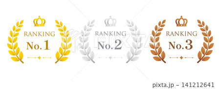 王冠と月桂樹のランキングエンブレム 金銀銅 RANKING No.1 2 3 セット ベクター素材 141212641