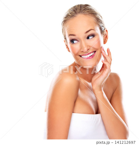 Woman, touch and skincare treatment in studio, beauty and satisfaction on white background. Female person, smile and mockup space for cosmetics and results of facial, dermatology and aesthetic Woman, touch and skincare treatment in studio, beauty and satisfaction on white background. Female person, smile and mockup space for cosmetics and results of facial, dermatology and aesthetic 141212697