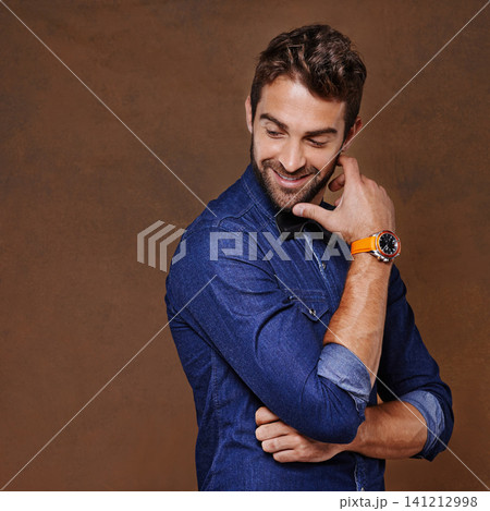Thinking, smile and man in studio with idea, remember or happy memory, reflection or insight on brown background. Curious, planning and male model with emoji guess, brainstorming or problem solving Thinking, smile and man in studio with idea, remember or happy memory, reflection or insight on brown background. Curious, planning and male model with emoji guess, brainstorming or problem solving 141212998