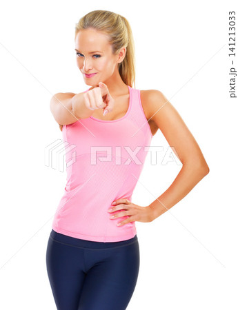 Fitness, smile and portrait of woman pointing for decision, training choice and health with white background. Gesture, finger and female person for motivation, workout plan or gym offer in studio Fitness, smile and portrait of woman pointing for decision, training choice and health with white background. Gesture, finger and female person for motivation, workout plan or gym offer in studio 141213033