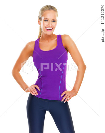 Exercise, smile and portrait of woman with sportswear for wellness, training or healthy body by white background. Athlete, happiness and female person for fitness, workout or sport in studio backdrop Exercise, smile and portrait of woman with sportswear for wellness, training or healthy body by white background. Athlete, happiness and female person for fitness, workout or sport in studio backdrop 141213076