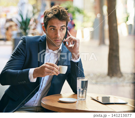 Businessman, phonecall or cafe in thinking, planning or dream of communication on coffee break. Man, mobile or cup to discuss, vision or idea of software startup business at outdoor coffeeshop 141213077