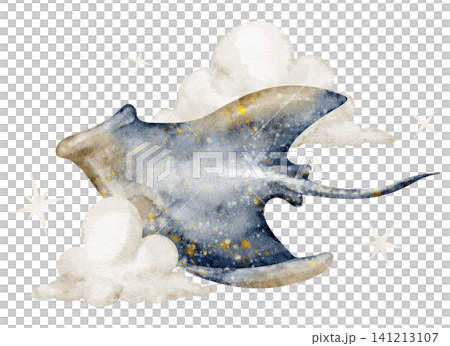 Ray watercolor illustration. Manta ray with clouds and stars flying in the sky on isolated background. Fantasy marine animal for ocean themes, nursery posters and storybook artwork in pastel colors. Ray watercolor illustration. Manta ray with clouds and stars flying in the sky on isolated background. Fantasy marine animal for ocean themes, nursery posters and storybook artwork in pastel colors. 141213107
