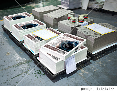 Books, pallet and floor in factory with commercial design for printing, manufacturing and stock for publications. Print material and paper in warehouse for copyright, distribution and supply chain 141213177