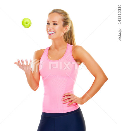 Wellness, smile and fitness of woman with apple in studio for diet, detox and healthy body by white background. Happiness, green fruit and female athlete person for training, nutrition and vitamins Wellness, smile and fitness of woman with apple in studio for diet, detox and healthy body by white background. Happiness, green fruit and female athlete person for training, nutrition and vitamins 141213330
