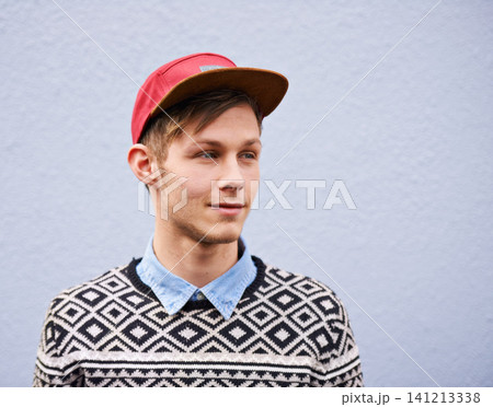 Smile, fashion and happy male person, cap and trendy clothing on studio background. Face, contemporary and hat with casual outfit for handsome man model, hipster and confidence with funky style Smile, fashion and happy male person, cap and trendy clothing on studio background. Face, contemporary and hat with casual outfit for handsome man model, hipster and confidence with funky style 141213338