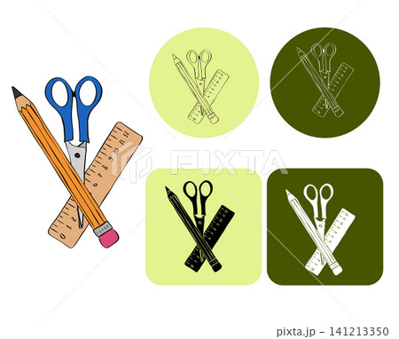 scissor and pencil and ruller School logotype hand drawn illustration. Vector graphic line ink art. background for banners, Perfect for kids designs, prints, cards and education themes. scissor and pencil and ruller School logotype hand drawn illustration. Vector graphic line ink art. background for banners, Perfect for kids designs, prints, cards and education themes. 141213350