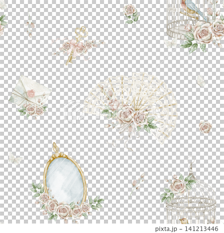 Seamless watercolor pattern with mirrors, fans, flowers, perfume accessories and romantic decorative elements. Vintage illustration for wrapping paper, scrapbooking, wallpaper in pastel colors. Seamless watercolor pattern with mirrors, fans, flowers, perfume accessories and romantic decorative elements. Vintage illustration for wrapping paper, scrapbooking, wallpaper in pastel colors. 141213446