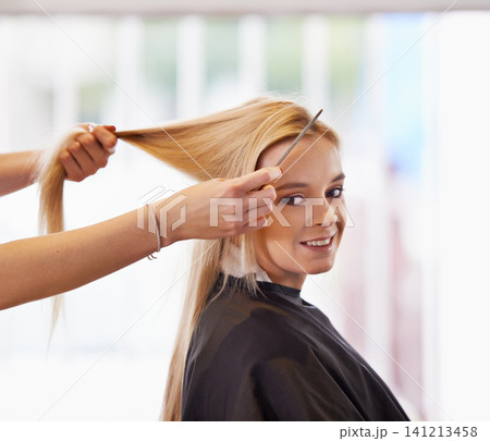 Portrait, salon and haircut for happy female client, hairdresser and style for hairstylist appointment. Service, beautician and haircare from stylist at small business, beauty spa and hair with smile Portrait, salon and haircut for happy female client, hairdresser and style for hairstylist appointment. Service, beautician and haircare from stylist at small business, beauty spa and hair with smile 141213458