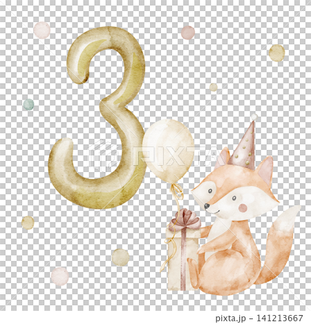 Birthday watercolor illustration with golden number Three, Fox, balloon and gift. Template for milestone cart or nursery greeting with cute animal in pastel colors. Cute celebration design Birthday watercolor illustration with golden number Three, Fox, balloon and gift. Template for milestone cart or nursery greeting with cute animal in pastel colors. Cute celebration design 141213667