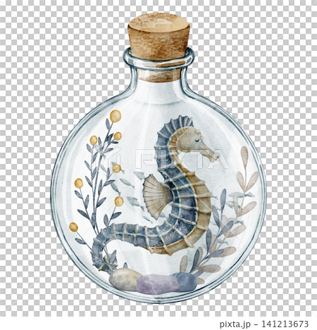 Seahorse watercolor illustration. Marine animal with seaweeds in glass bottle on isolated background. Fantasy ocean composition for nursery poster, sea storybook themes and childish nautical artwork. Seahorse watercolor illustration. Marine animal with seaweeds in glass bottle on isolated background. Fantasy ocean composition for nursery poster, sea storybook themes and childish nautical artwork. 141213673