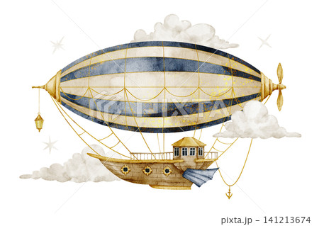 Airship watercolor illustration. Vintage zeppelin with clouds on isolated background. Fantasy flying transport for nursery poster, travel themes and baby storybook artwork. Art of zeppelin. 141213674