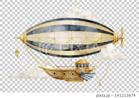 Airship watercolor illustration. Vintage zeppelin with clouds on isolated background. Fantasy flying transport for nursery poster, travel themes and baby storybook artwork. Art of zeppelin. Airship watercolor illustration. Vintage zeppelin with clouds on isolated background. Fantasy flying transport for nursery poster, travel themes and baby storybook artwork. Art of zeppelin. 141213674
