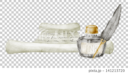 Ink watercolor illustration with scroll and feather pen. Art of vintage writing composition on isolated background. Decorative element for design, manuscript, calligraphy theme. Ink watercolor illustration with scroll and feather pen. Art of vintage writing composition on isolated background. Decorative element for design, manuscript, calligraphy theme. 141213720
