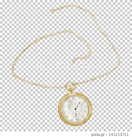 Watch watercolor illustration with vintage pocket watch and chain. Antique timekeeping object on isolated background. Drawing of decorative element for design, retro, history theme. 141213721