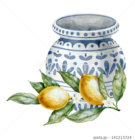 Lemon watercolor illustration with ceramic Mediterranean Vase. Art with citrus fruits and green leaves on isolated background for kitchen decor and botanical design. Clipart for cooking book. 141213724