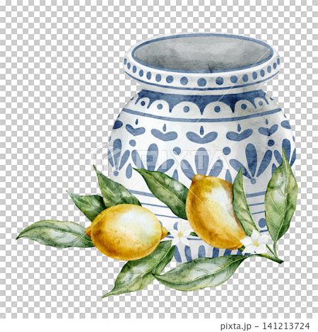 Lemon watercolor illustration with ceramic Mediterranean Vase. Art with citrus fruits and green leaves on isolated background for kitchen decor and botanical design. Clipart for cooking book. 141213724