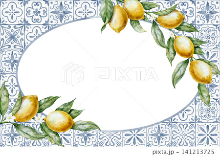 Watercolor Lemon Template with ceramic tile ornament forming oval frame. Illustration of border with copy space and citrus fruits for labels, invitations, packaging and kitchen decor. Botanical art. Watercolor Lemon Template with ceramic tile ornament forming oval frame. Illustration of border with copy space and citrus fruits for labels, invitations, packaging and kitchen decor. Botanical art. 141213725