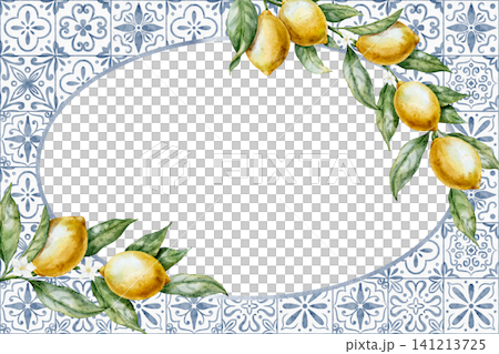 Watercolor Lemon Template with ceramic tile ornament forming oval frame. Illustration of border with copy space and citrus fruits for labels, invitations, packaging and kitchen decor. Botanical art. Watercolor Lemon Template with ceramic tile ornament forming oval frame. Illustration of border with copy space and citrus fruits for labels, invitations, packaging and kitchen decor. Botanical art. 141213725