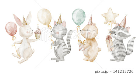 Animal watercolor illustration with birthday party composition, balloons and gift boxes on isolated background. Cute Hare and Bear for baby party invitations or childish pastel greeting cards. 141213726