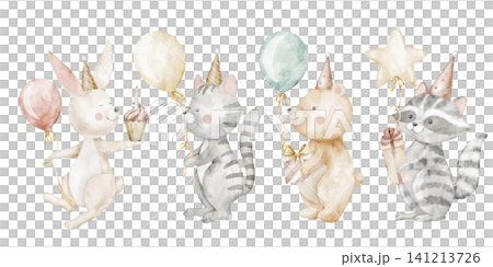 Animal watercolor illustration with birthday party composition, balloons and gift boxes on isolated background. Cute Hare and Bear for baby party invitations or childish pastel greeting cards. 141213726