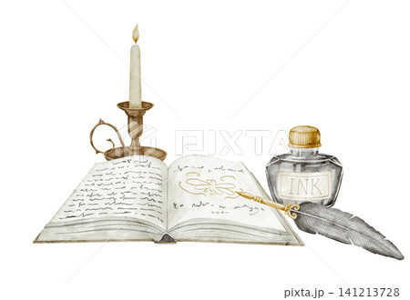 Book watercolor illustration with candle, ink bottle, feather pen on isolated background for antique stationery design. Art of vintage elements for history or study design in pastel colors. 141213728