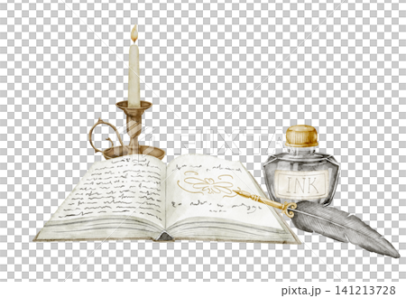 Book watercolor illustration with candle, ink bottle, feather pen on isolated background for antique stationery design. Art of vintage elements for history or study design in pastel colors. 141213728