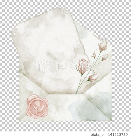 Envelope watercolor illustration with manuscript paper and wax seal on isolated background for romantic stationery design. Art of vintage letter for wedding invitations or greeting feminine cards. Envelope watercolor illustration with manuscript paper and wax seal on isolated background for romantic stationery design. Art of vintage letter for wedding invitations or greeting feminine cards. 141213729