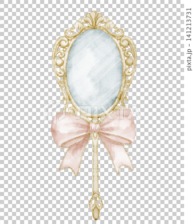 Mirror watercolor illustration with pink ribbon and golden frame on isolated background for romantic vintage decor design. Art of retro element with bow for wedding invitations or greeting cards. Mirror watercolor illustration with pink ribbon and golden frame on isolated background for romantic vintage decor design. Art of retro element with bow for wedding invitations or greeting cards. 141213731