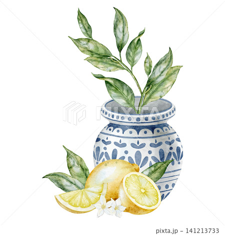 Lemon watercolor illustration with Mediterranean ceramic vase, citrus slices, leaves and botanical arrangement on isolated background for kitchen decor and cooking book design. Art for recipe and menu Lemon watercolor illustration with Mediterranean ceramic vase, citrus slices, leaves and botanical arrangement on isolated background for kitchen decor and cooking book design. Art for recipe and menu 141213733
