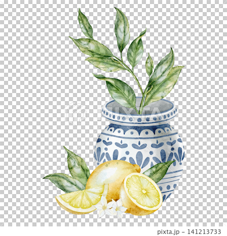 Lemon watercolor illustration with Mediterranean ceramic vase, citrus slices, leaves and botanical arrangement on isolated background for kitchen decor and cooking book design. Art for recipe and menu Lemon watercolor illustration with Mediterranean ceramic vase, citrus slices, leaves and botanical arrangement on isolated background for kitchen decor and cooking book design. Art for recipe and menu 141213733