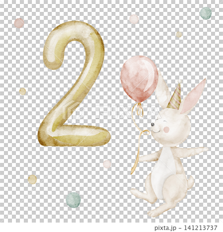 Birthday watercolor illustration with golden number two, balloon, hare, cupcake and confetti in pastel colors for celebration design. Milestone card for baby invitations or greeting templates. Birthday watercolor illustration with golden number two, balloon, hare, cupcake and confetti in pastel colors for celebration design. Milestone card for baby invitations or greeting templates. 141213737