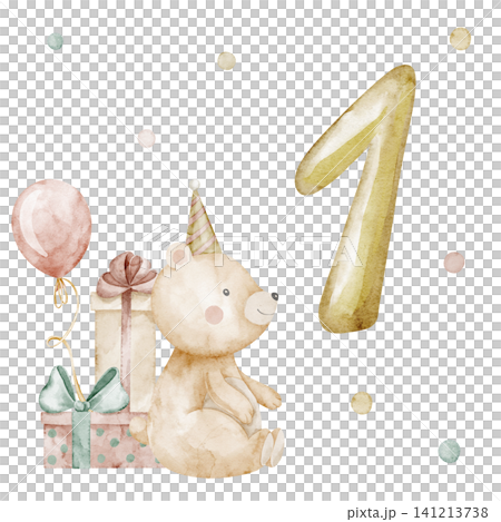 Birthday watercolor illustration with golden number One, balloon, bear, gift and confetti in pastel colors for celebration design. Milestone card for nursery poster, greeting templates and invitations Birthday watercolor illustration with golden number One, balloon, bear, gift and confetti in pastel colors for celebration design. Milestone card for nursery poster, greeting templates and invitations 141213738