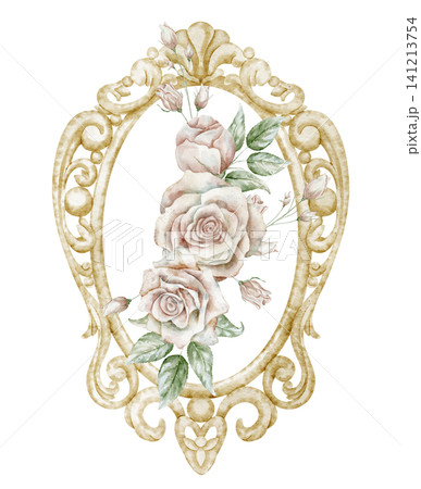 Rose watercolor illustration with golden vintage wrought frame on isolated background for romantic floral wedding invitations or feminine greeting cards. Floral art in pastel colors. Rose watercolor illustration with golden vintage wrought frame on isolated background for romantic floral wedding invitations or feminine greeting cards. Floral art in pastel colors. 141213754