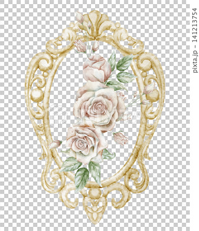 Rose watercolor illustration with golden vintage wrought frame on isolated background for romantic floral wedding invitations or feminine greeting cards. Floral art in pastel colors. Rose watercolor illustration with golden vintage wrought frame on isolated background for romantic floral wedding invitations or feminine greeting cards. Floral art in pastel colors. 141213754