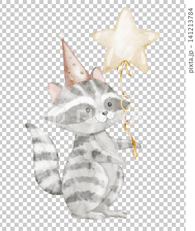 Racoon watercolor illustration holding balloon on isolated background. Cute character for Baby Birthday greeting card and childish party invitation. Animal for celebration design in pastel colors Racoon watercolor illustration holding balloon on isolated background. Cute character for Baby Birthday greeting card and childish party invitation. Animal for celebration design in pastel colors 141213784