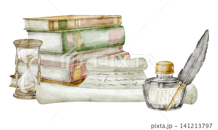 Books watercolor illustration with vintage scroll, hourglass and ink bottle. Art of antique reading composition on isolated background. Drawing of decorative element for design, literature theme. Books watercolor illustration with vintage scroll, hourglass and ink bottle. Art of antique reading composition on isolated background. Drawing of decorative element for design, literature theme. 141213797