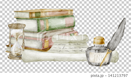 Books watercolor illustration with vintage scroll, hourglass and ink bottle. Art of antique reading composition on isolated background. Drawing of decorative element for design, literature theme. Books watercolor illustration with vintage scroll, hourglass and ink bottle. Art of antique reading composition on isolated background. Drawing of decorative element for design, literature theme. 141213797