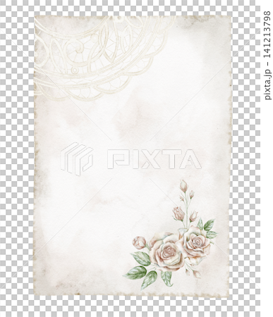 Paper watercolor illustration with vintage textured sheet and floral corner decoration. Art of antique background on isolated background. Template for weeding invitation and greeting cards. Paper watercolor illustration with vintage textured sheet and floral corner decoration. Art of antique background on isolated background. Template for weeding invitation and greeting cards. 141213798
