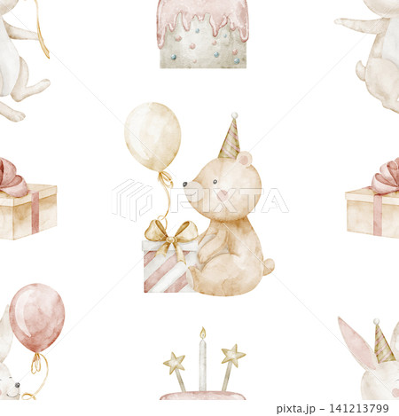 Birthday pattern watercolor illustration with cute animals, balloons, cake and gift boxes. Seamless background with bear and hare in pastel colors for party festive design or baby wrapping paper Birthday pattern watercolor illustration with cute animals, balloons, cake and gift boxes. Seamless background with bear and hare in pastel colors for party festive design or baby wrapping paper 141213799